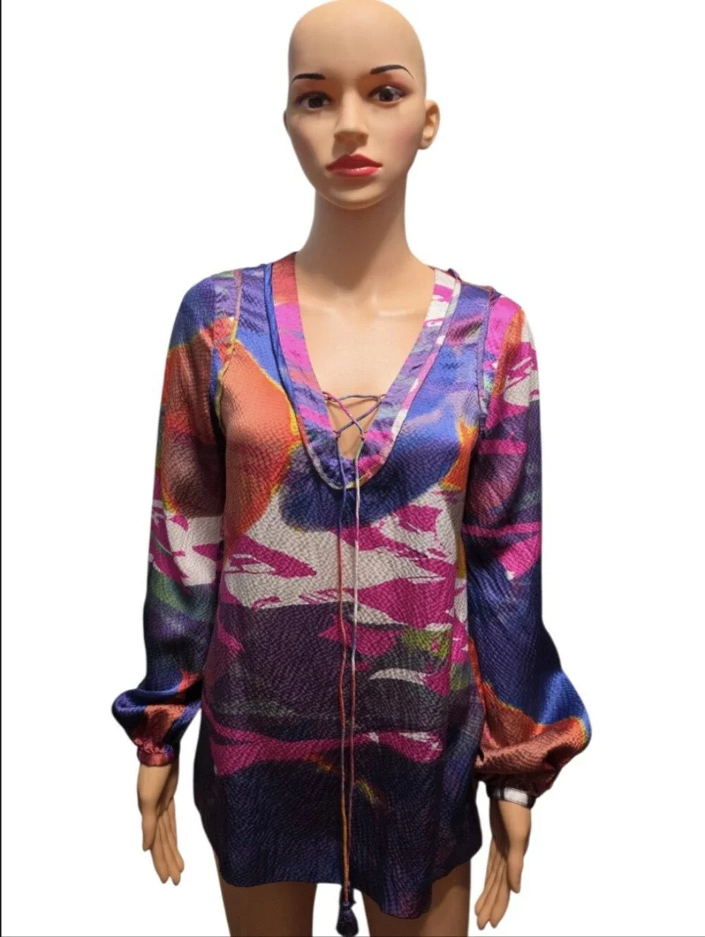 Tory Burch Silk Vibrant Watercolor Splash Boho-Chic Dopamine Tunic Blouse Size 6